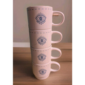Evil Eye Stackable Coffee Mug Set of 4 Cup Tea Blue White Artisan Unique Boho